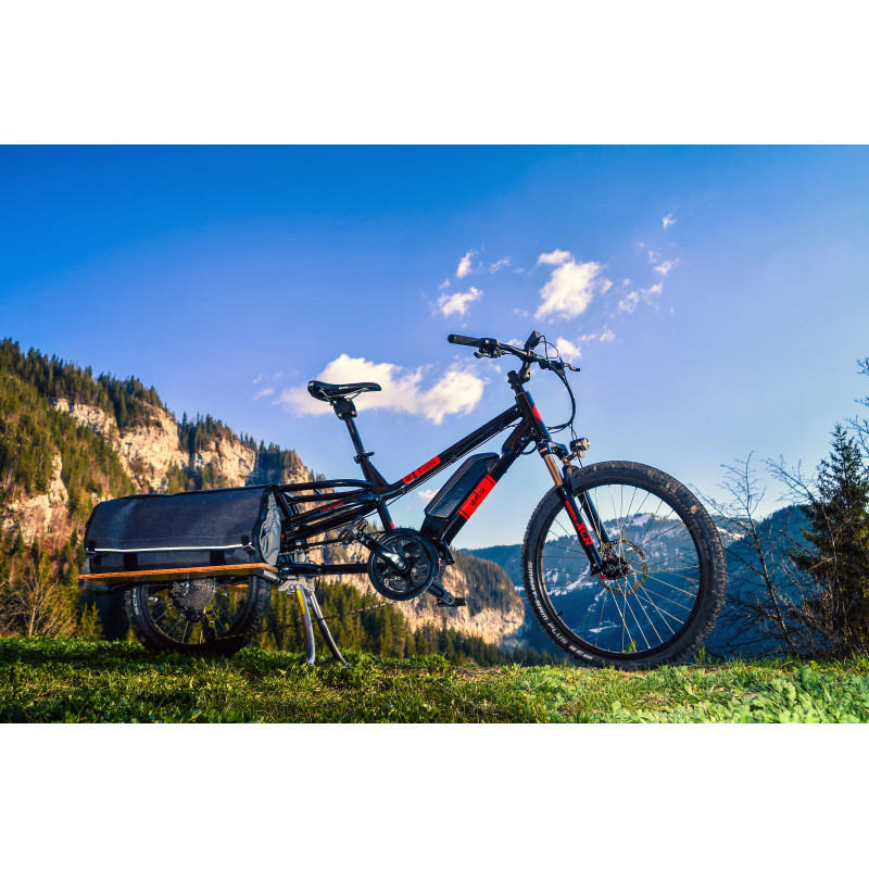 Vélo VTT cargo électrique 26p alu - YUBA Spicy Curry All Terrain 500 - Noir décor rouge orangé