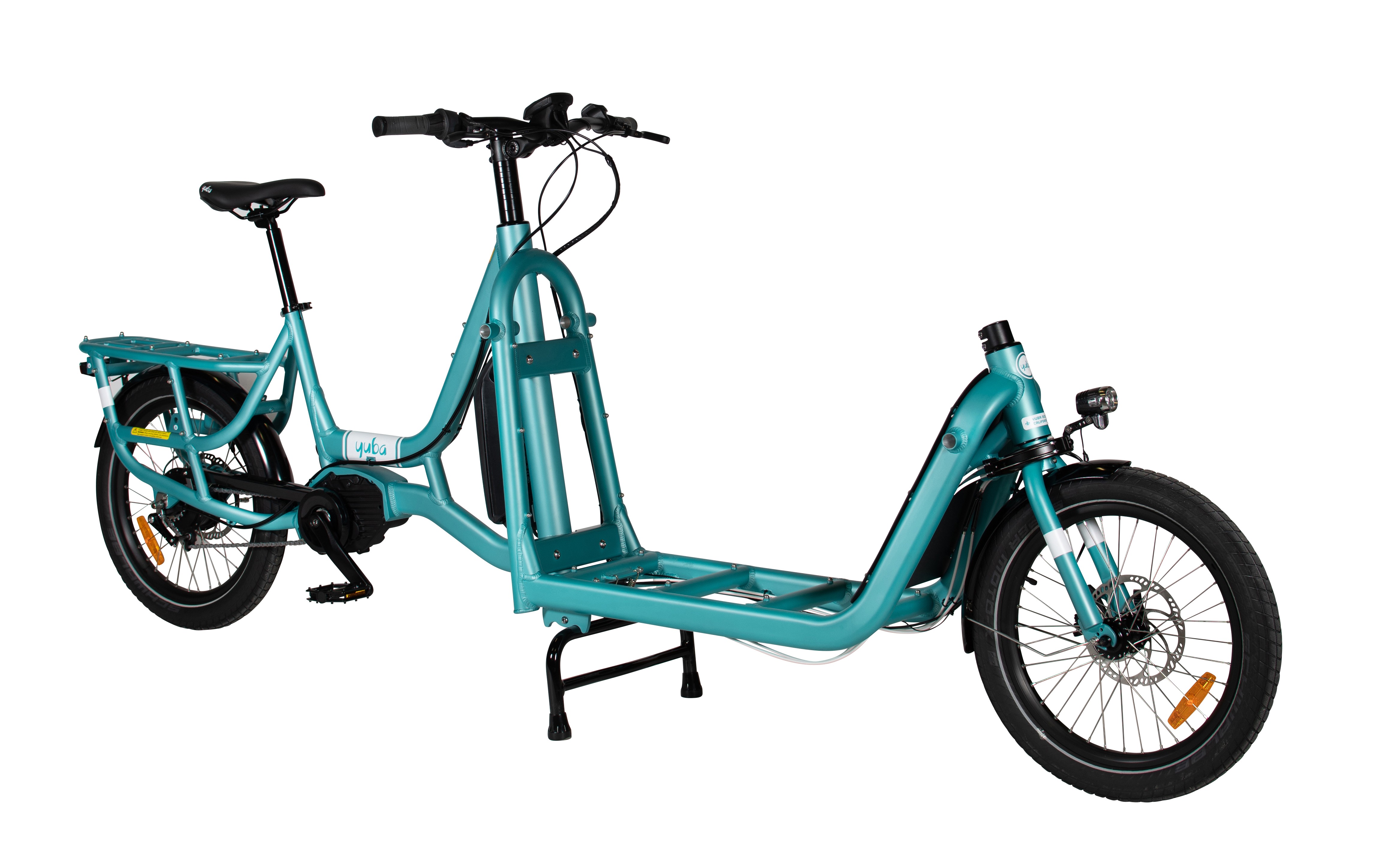Vélo cargo électrique 20p alu - YUBA Supercargo 500 - Bleu turquoise décor  blanc : cadre aluminium - Vélo 9