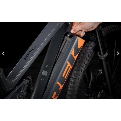 Vélo électrique VTT 29p carbon - TREK 2021 Rail 9.8 XT 625 - Noir anthracite brillant Décor orange radioavtive