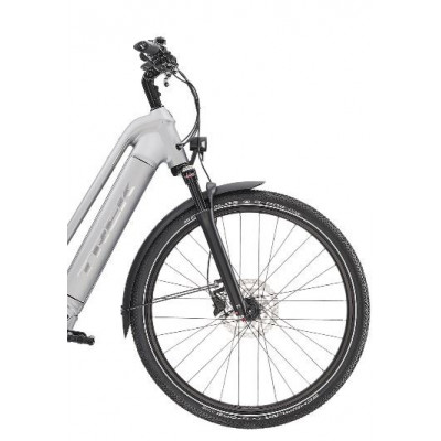 Vélo électrique vtc urbain 27.5p TREK 2022 alu Allant+ 7 Lowstep 500 argent QuickSilver mat décor miroir