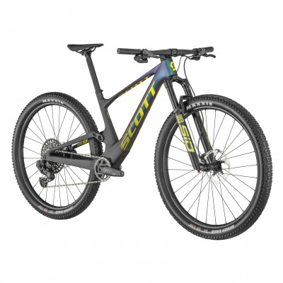 Vélo VTT 29 carbone - SCOTT 2022 Spark RC Team Issue AXS - Noir et vert reflets violets décor jaune