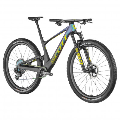 Vélo VTT 29p carbone - SCOTT 2022 Spark RC World Cup Evo AXS - Noir et vert reflets violets décor jaune