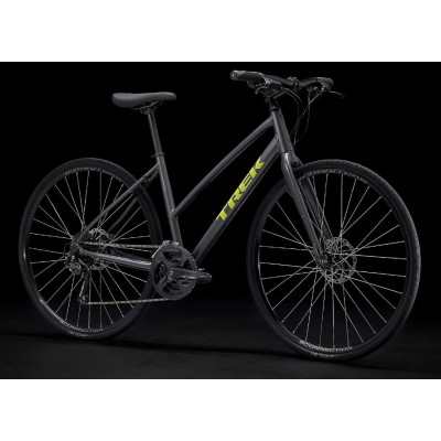 Vélo route fitness 700 alu - TREK 2022 FX 2 Disque Stagger - Satin Lithium Grey - gris décor jaune