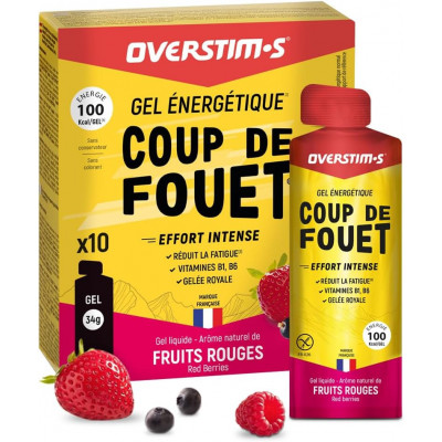  Gel énergétique pendant l'effort - OVERSTIM'S Coup de fouet liquide sans gluten - Fruits rouges - Boîte 10 sachets.