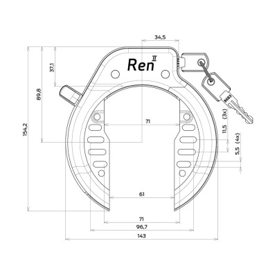Antivol de cadre AXA arrière Ren II noir 61mm, anse diamètre 8.5mm, niveau sécurité 5