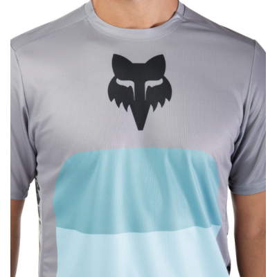 Maillot manches courtes vtt - FOX Ranger Grid - gris clair décor bleu dégradé
